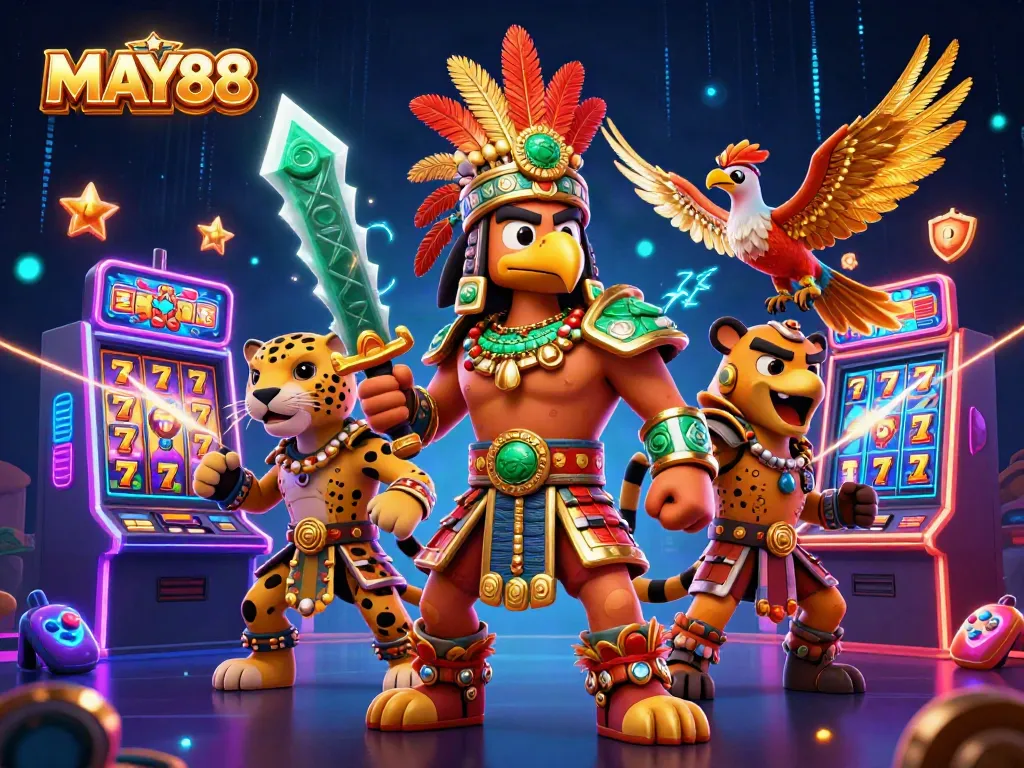 MAY88 slots come alive with 3D Aztec warriors and dynamic casino elements.