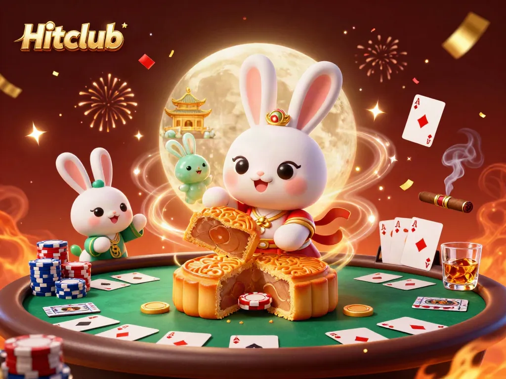Hitclub unleashes excitement with a moon rabbit on lunar gambling adventures, revealing poker chips.
