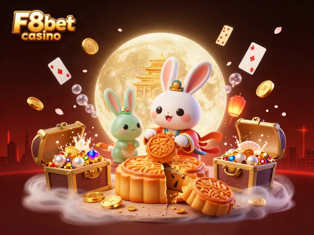 Experience the excitement of F8bet casino with a whimsical moon rabbit and poker chips.