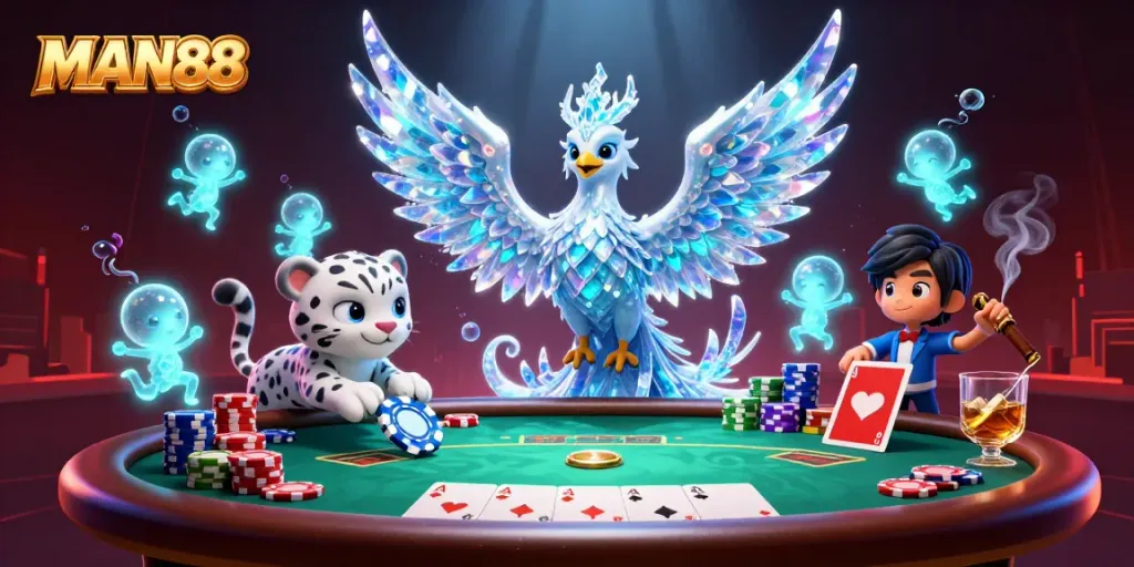 Bet successfully at MAN88 with an engaging casino scene featuring poker elements.