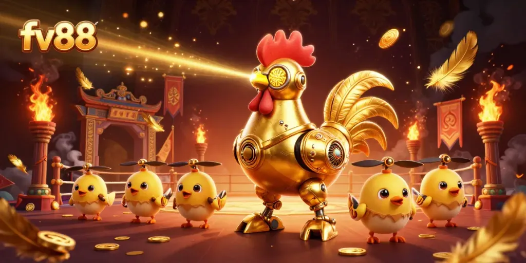Experience the excitement of fv88 with a golden rooster robot and baby chick drones in a vibrant casino scene.