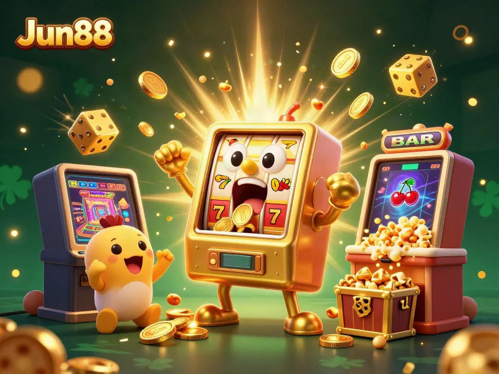 Experience thrilling wins at Jun88 with a vibrant slot machine jackpot scene showcasing excitement and fun.