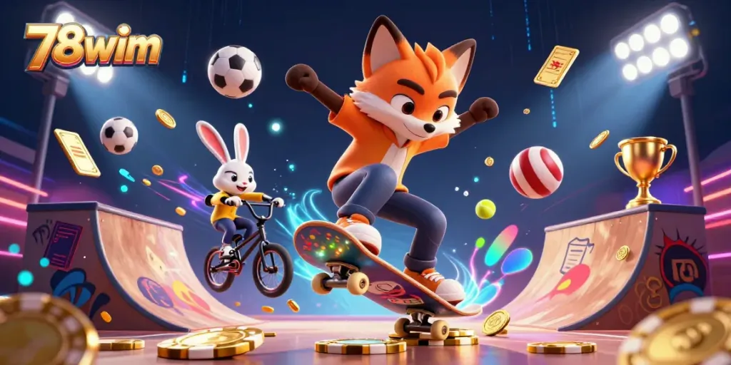 Witness the excitement of 78wim with a vibrant, dynamic illustration featuring a skateboarder fox and BMX rabbit in a casino-themed setting.