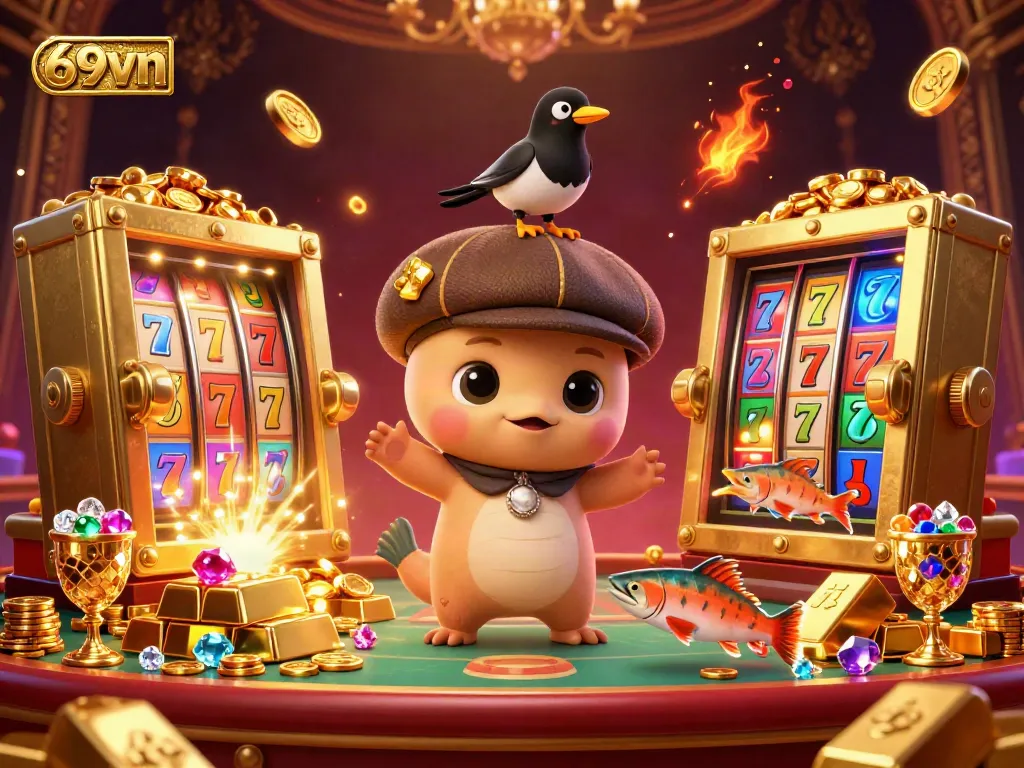 Engage in thrilling casino action at 69vn with playful characters, gold treasures, and vibrant slot elements.
