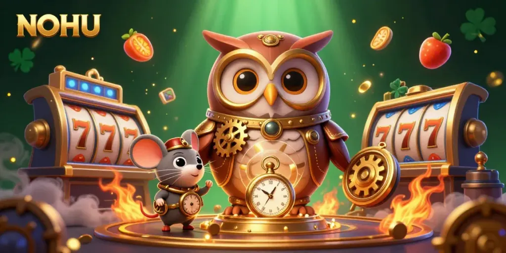 Experience thrilling online gambling with NOHU’s vibrant 3D casino scene featuring dynamic slot symbols and enchanting characters.
