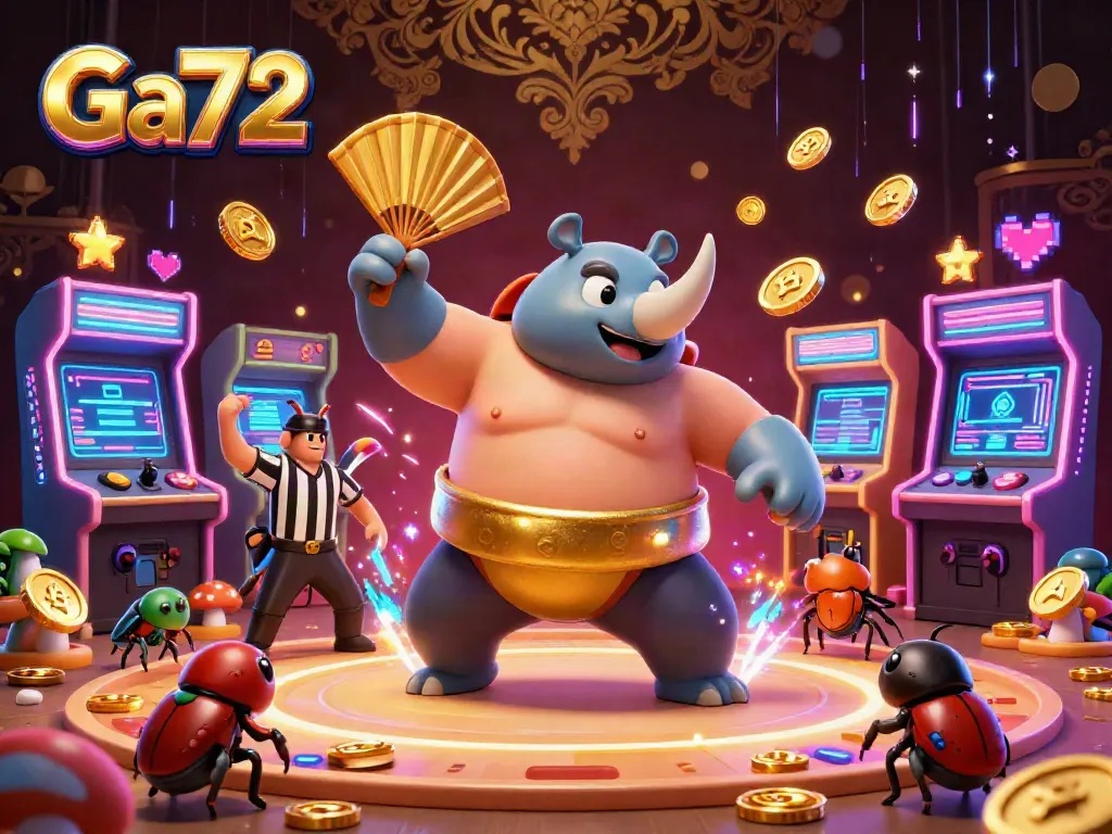 Engage in thrilling gameplay at Ga72 featuring a rhinoceros beetle sumo champ amidst flying coins and arcade elements.
