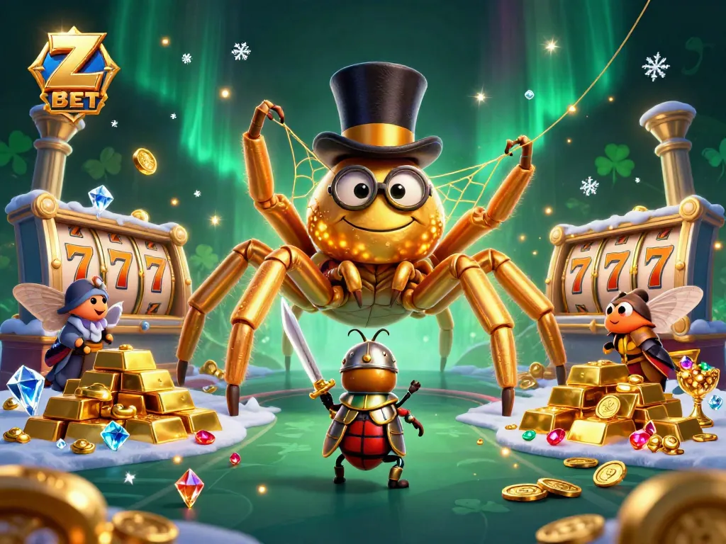Z BET offers exciting gameplay with a stylish tarantula spinning cash webs around vibrant slot machines.