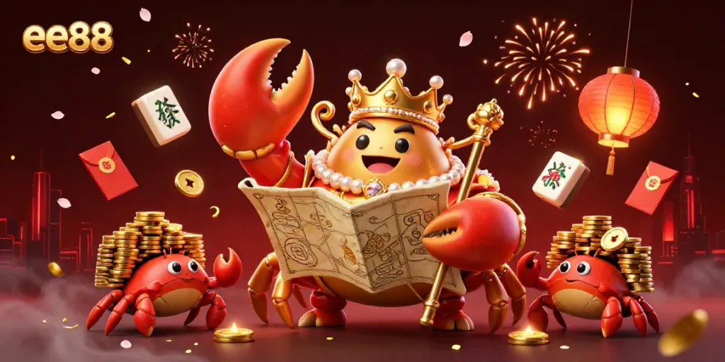Engaging illustration featuring the golden crab emperor and hermit crabs with golden chips for ee88 casino.