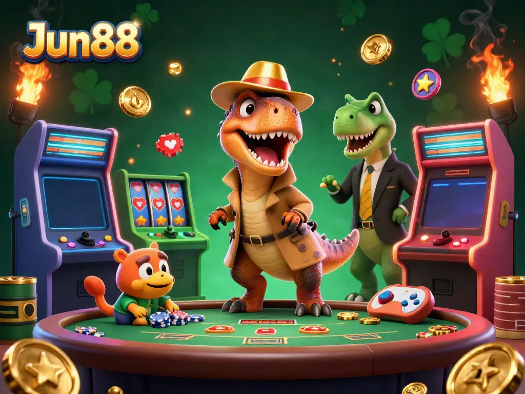 Experience Jun88 with a 3D velociraptor card counter and a stegosaurus pit boss at a vibrant casino