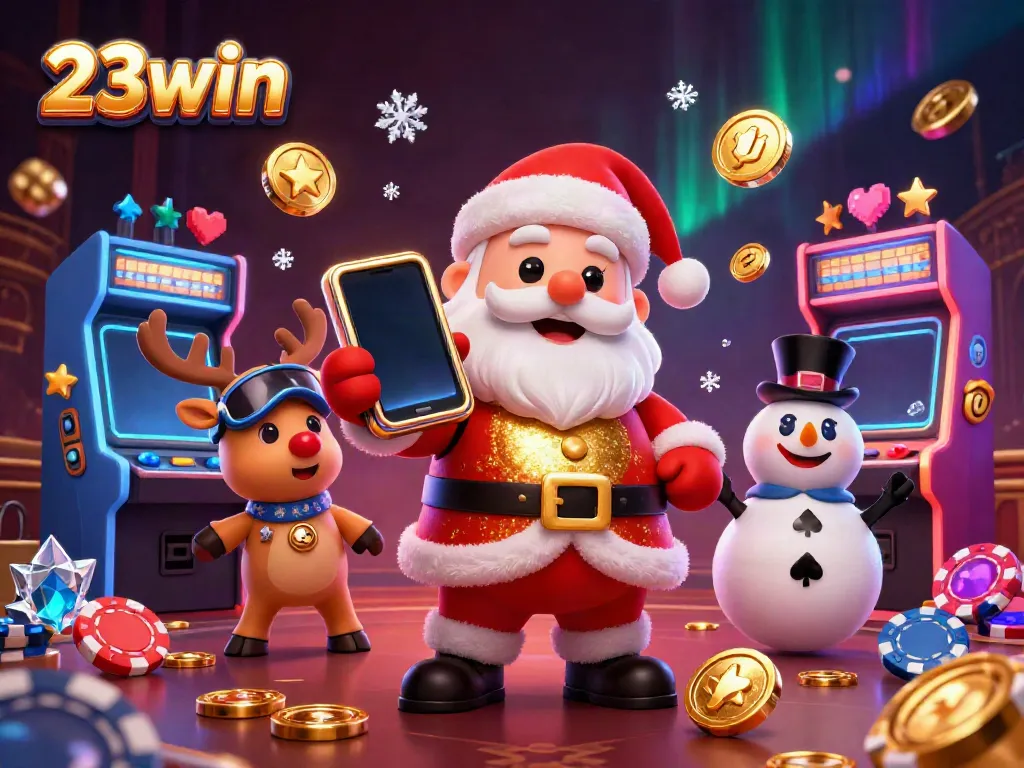 Experience the excitement of 23win with Santa and friends in a dynamic casino illustration.