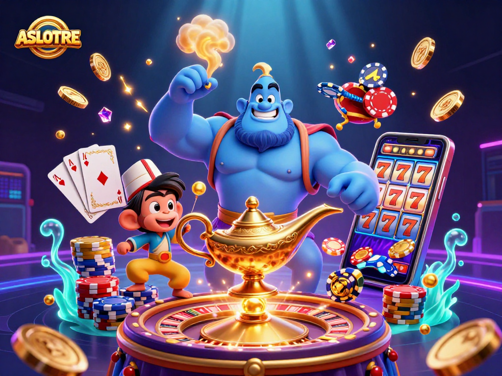 Join the thrilling ASLOTRE adventure as a genie, monkey, and magical carpet celebrate slots with dazzling coins and cards.