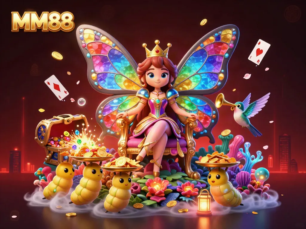 Experience MM88's vibrant underwater casino world with a butterfly queen, treasure, and gaming elements.