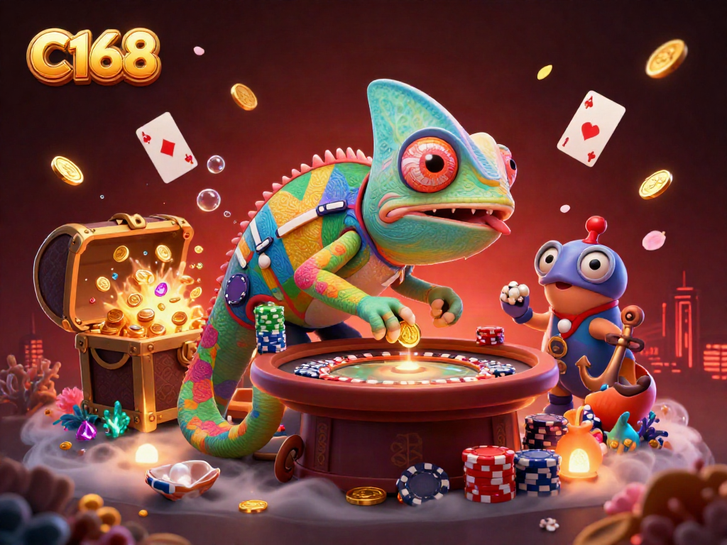 C168 brings vibrant energy to casinos with its 3D chameleon-themed illustration showcasing gaming excitement.