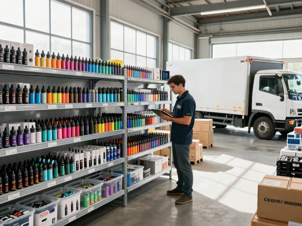Bulk Vape Supply EU warehouse with organized shelves and team member checking inventory.