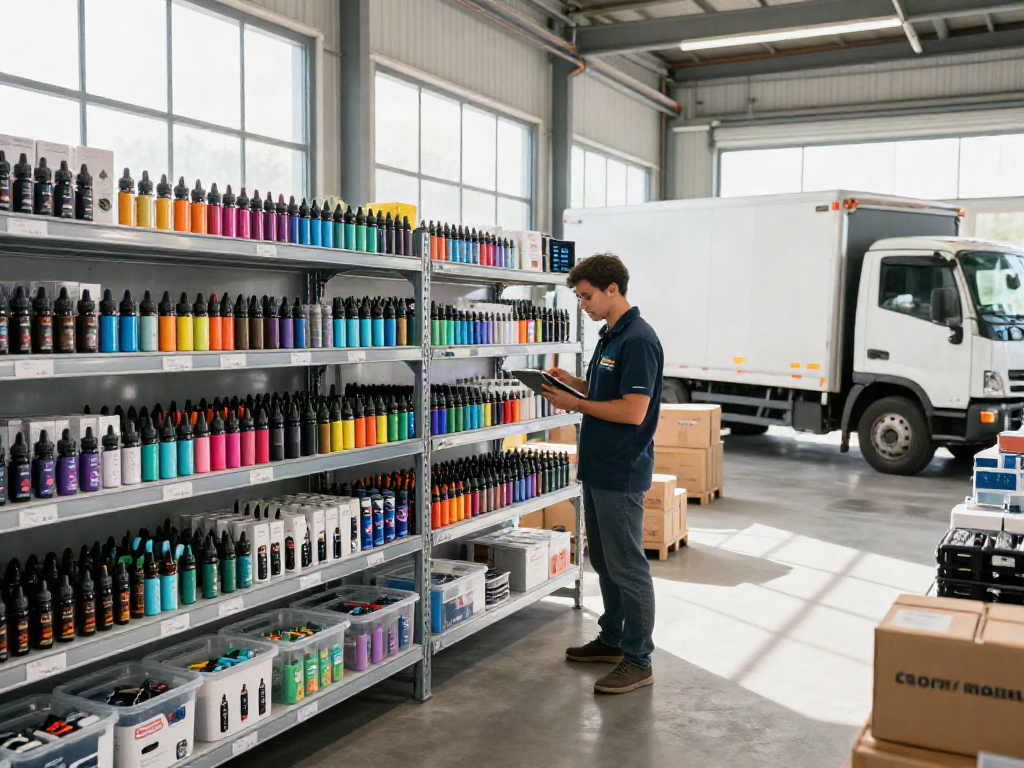 Bulk Vape Supply EU warehouse with organized shelves and team member checking inventory.