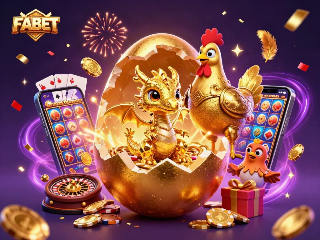 Experience the excitement with FABET as golden characters guard a nest of poker chips and casino games.