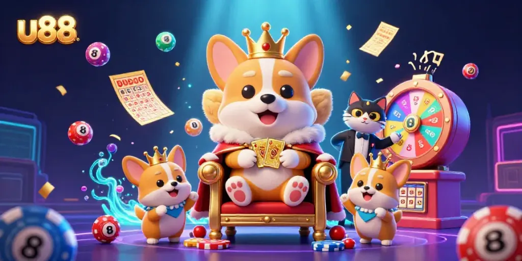 Experience thrilling gameplay at u88, featuring a royal corgi king in a vibrant casino scene.