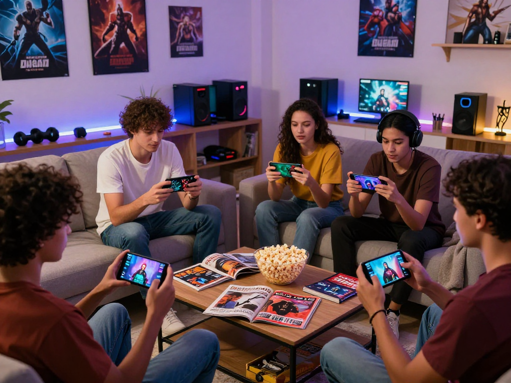 Friends playing transformation porn games in a cozy living room.