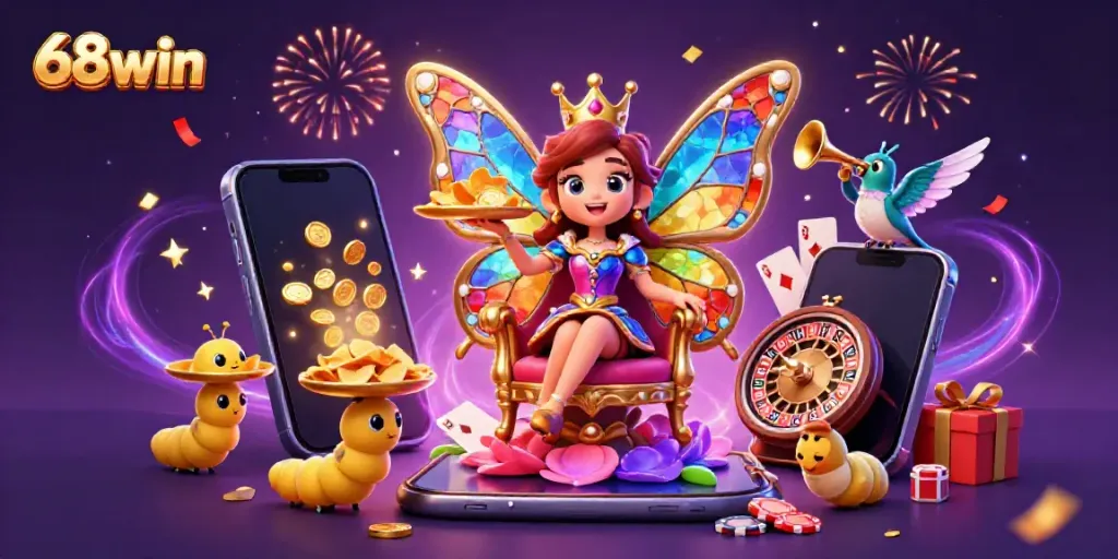 Experience excitement with the vibrant 68win casino scene featuring a butterfly queen and dynamic gaming elements.