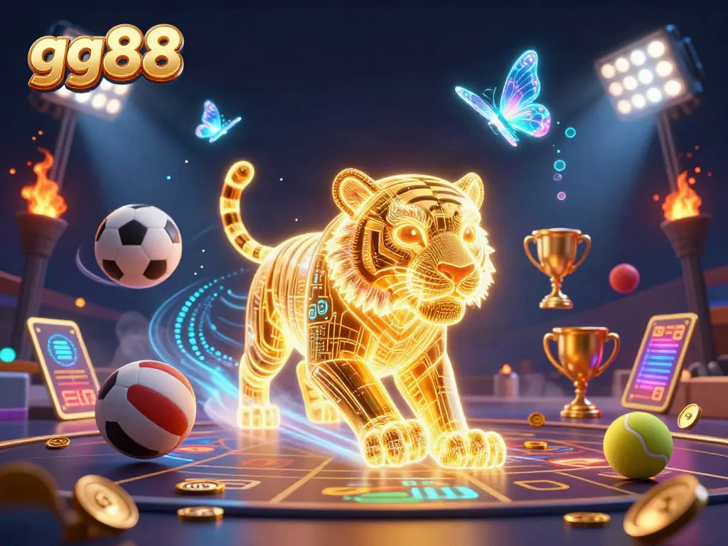 Experience the excitement of gg88 with a vibrant casino scene featuring a neon tiger and holographic companions.