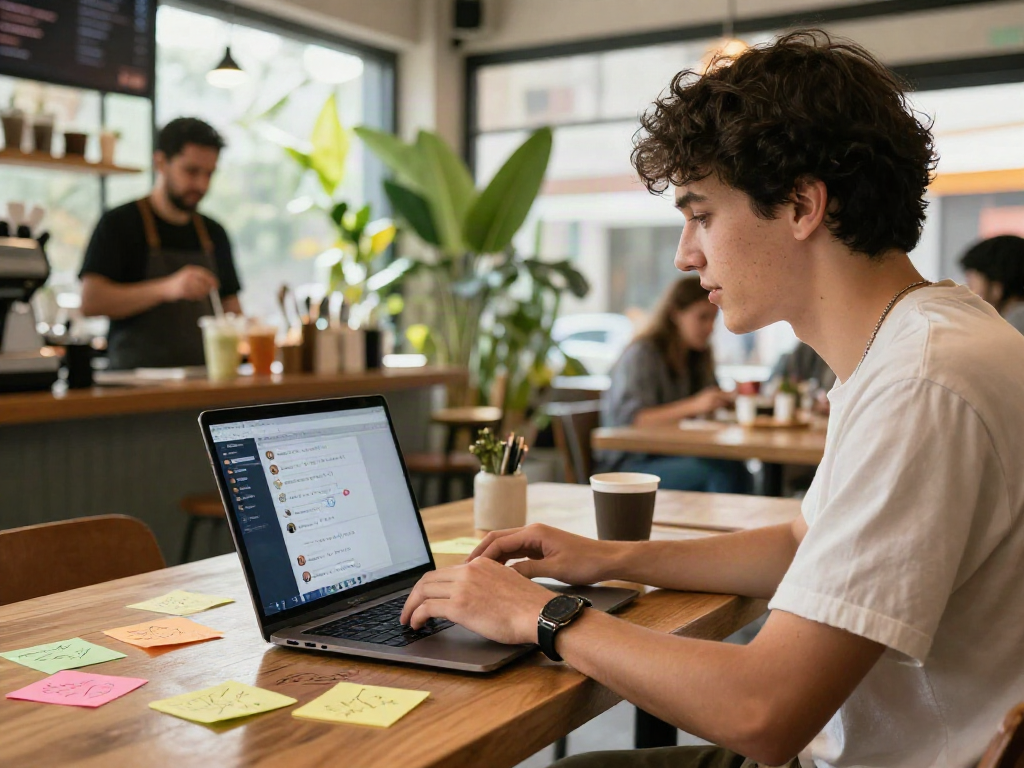 Dynamic workspace with spicy chat ai interactions at a coffee shop, showcasing creative ideas and vibrant atmosphere.