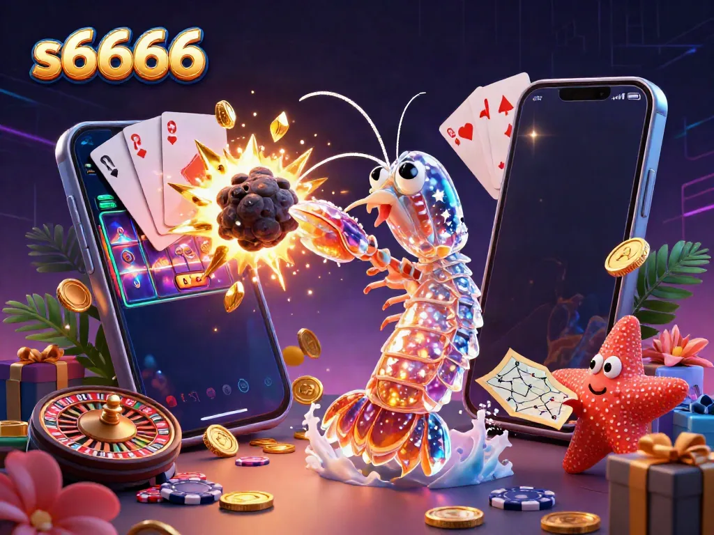 Experience the vibrant world of s6666 with a galactic samurai mantis shrimp battling through gems and coins in a dynamic casino scene.