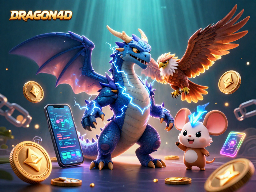 Spin the reels with DRAGON4D, featuring a 3D dragon and crypto elements in a vibrant casino setting.