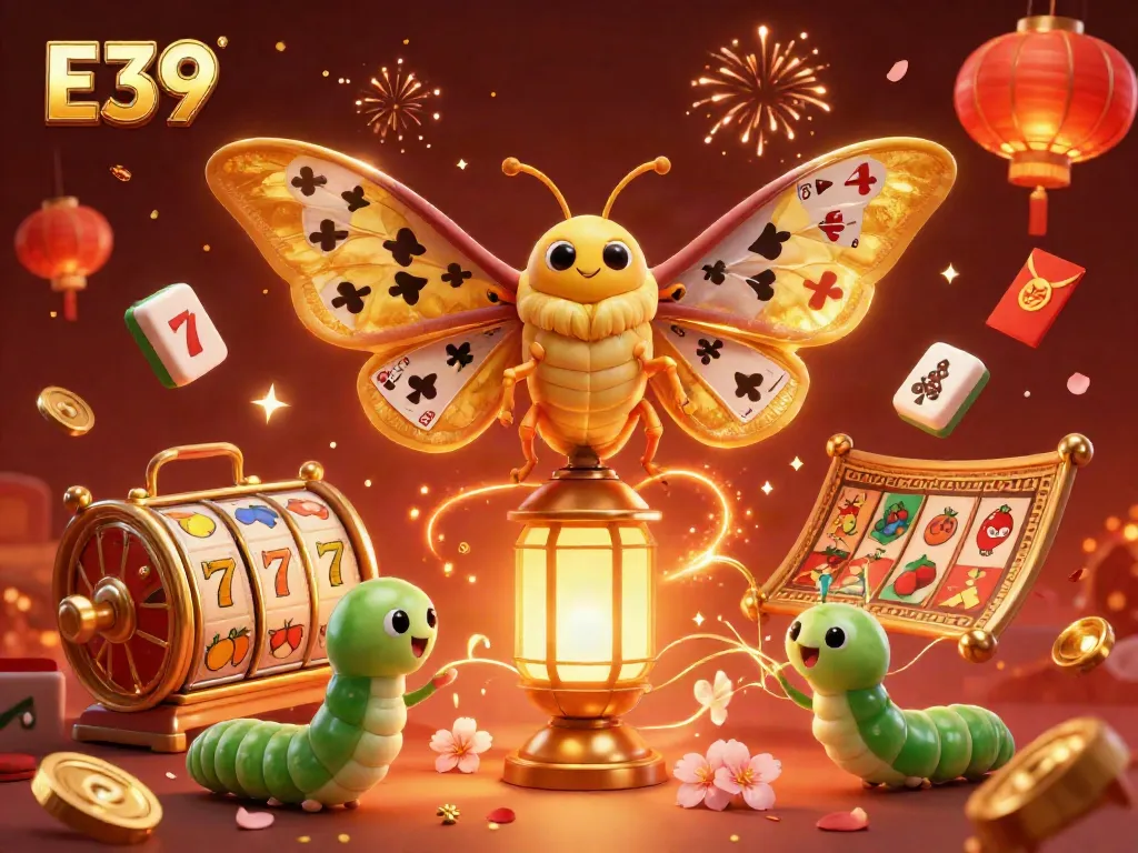 Hình ảnh mô phỏng E39 với bướm khổng lồ kết hợp các yếu tố casino đầy màu sắc và hấp dẫn.