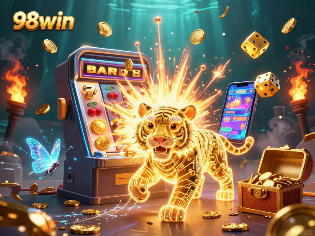 Experience thrilling jackpots with 98win's vibrant digital casino, featuring a golden tiger and exciting game elements.