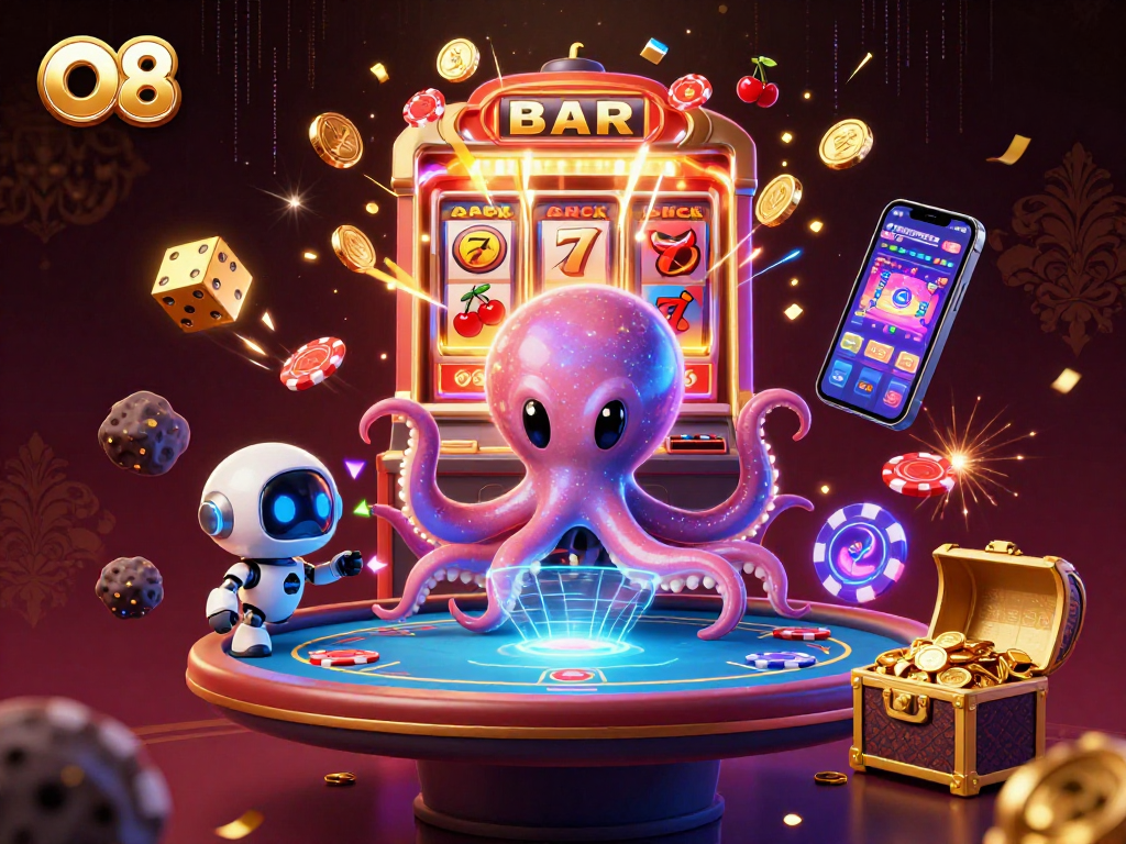 Win big at O8 with a vibrant 3D casino scene showcasing animated characters and thrilling game elements.
