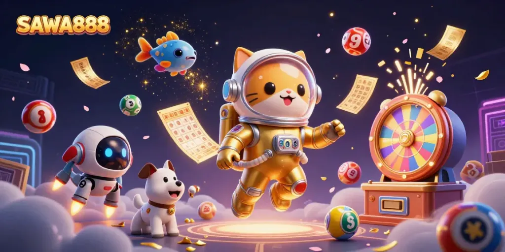 SAWA888 showcases a vibrant 3D scene of a space cat and robot dog amidst casino elements, reflecting engaging gameplay.
