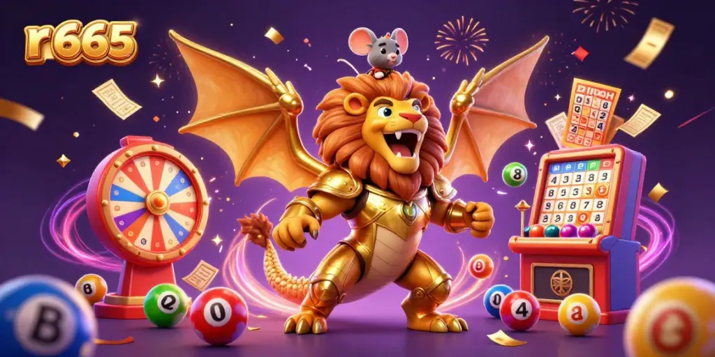 Experience r 666 with vibrant casino-themed elements, a roaring chimera, and a lively celebration atmosphere.
