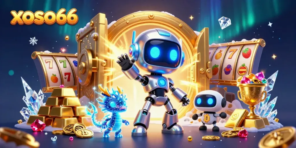 Spin the reels with xoso66 in this vibrant 3D casino illustration showcasing a cyberpunk robot and treasures.