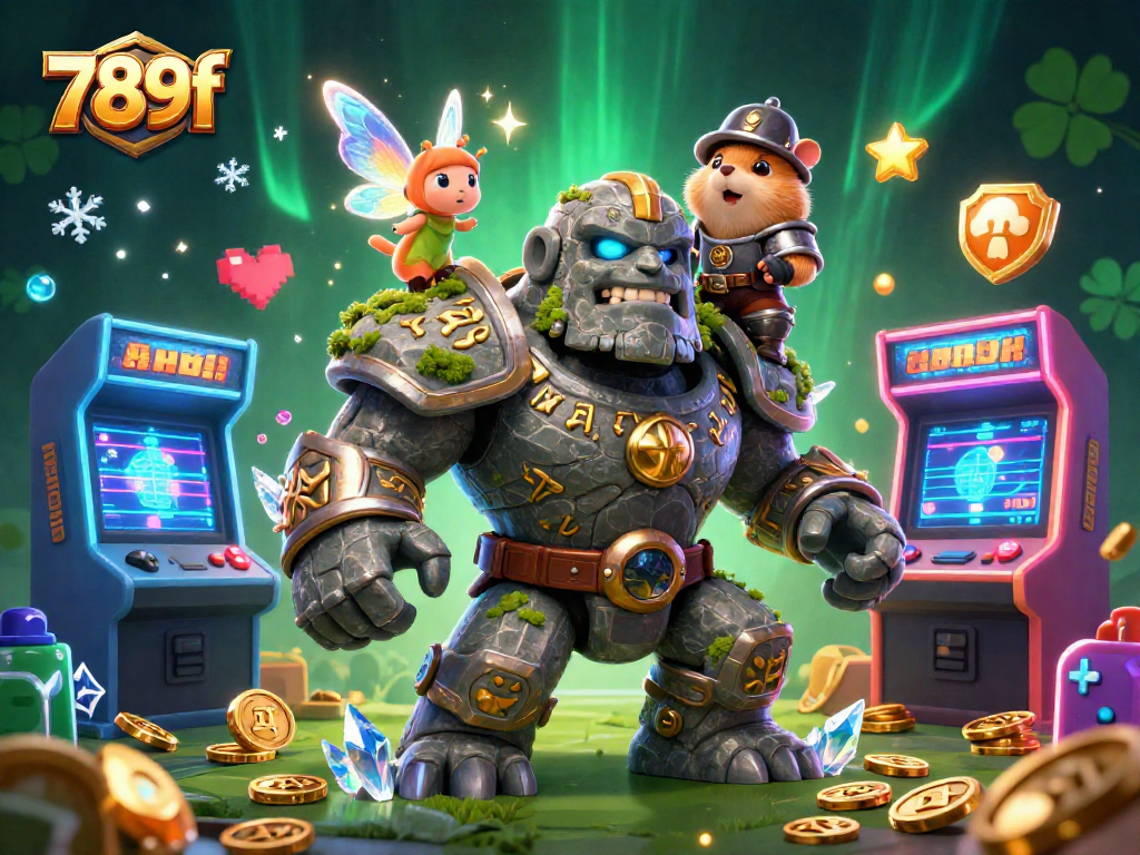 Join the adventure at 789f as the magical golem and knight explore casinos with vibrant games and treasures.