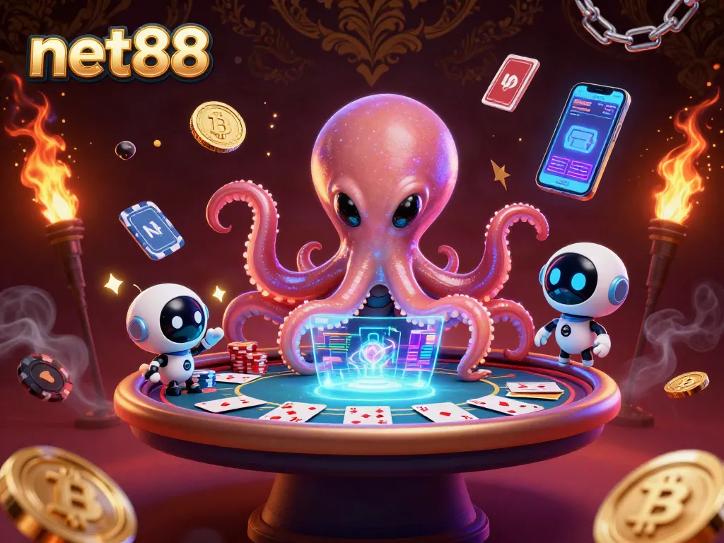 Engage in action with net88 at a holographic poker table surrounded by crypto elements.